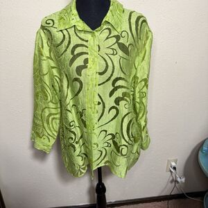 Women’s Elementz Green Artsy Art to Wear Whimsy Buttom Up Blouse Large Top